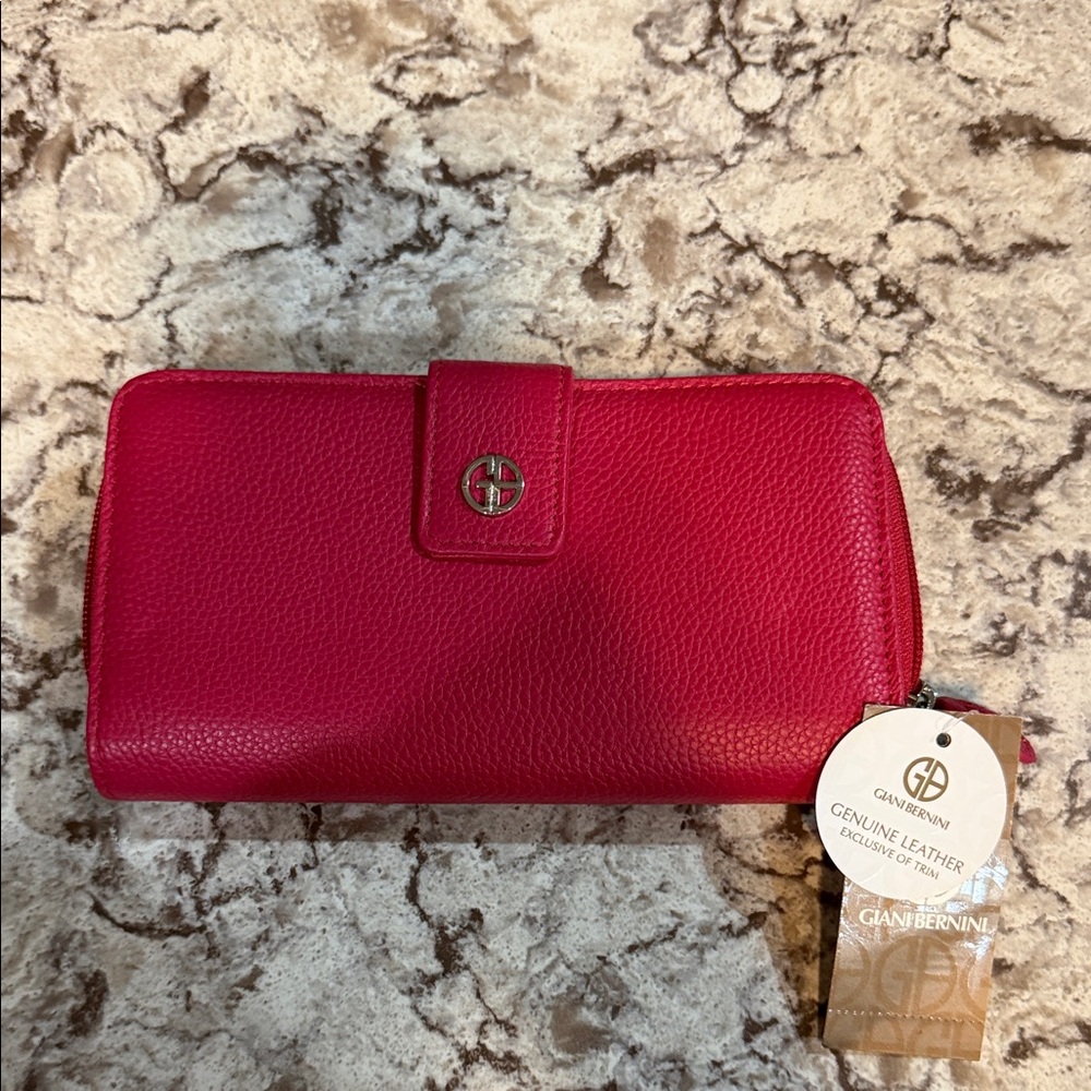 Giani Bernini Hot Pink Pebble Leather Zip Wallet with Snap Tab